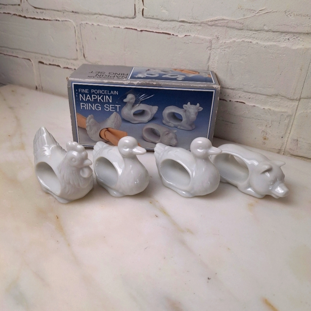 Vintage Ceramic Farm Animal Napkin Ring Set Of 4